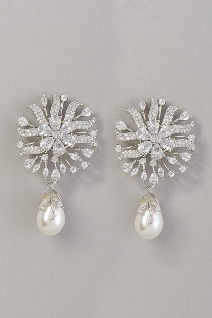 White Finish Zircon & Pearl Dangler Earrings