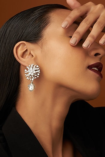 White Finish Zircon & Pearl Dangler Earrings