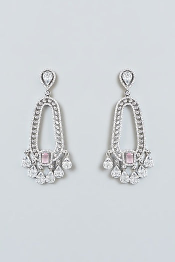 White Finish Zircon & Pink Stone Dangler Earrings