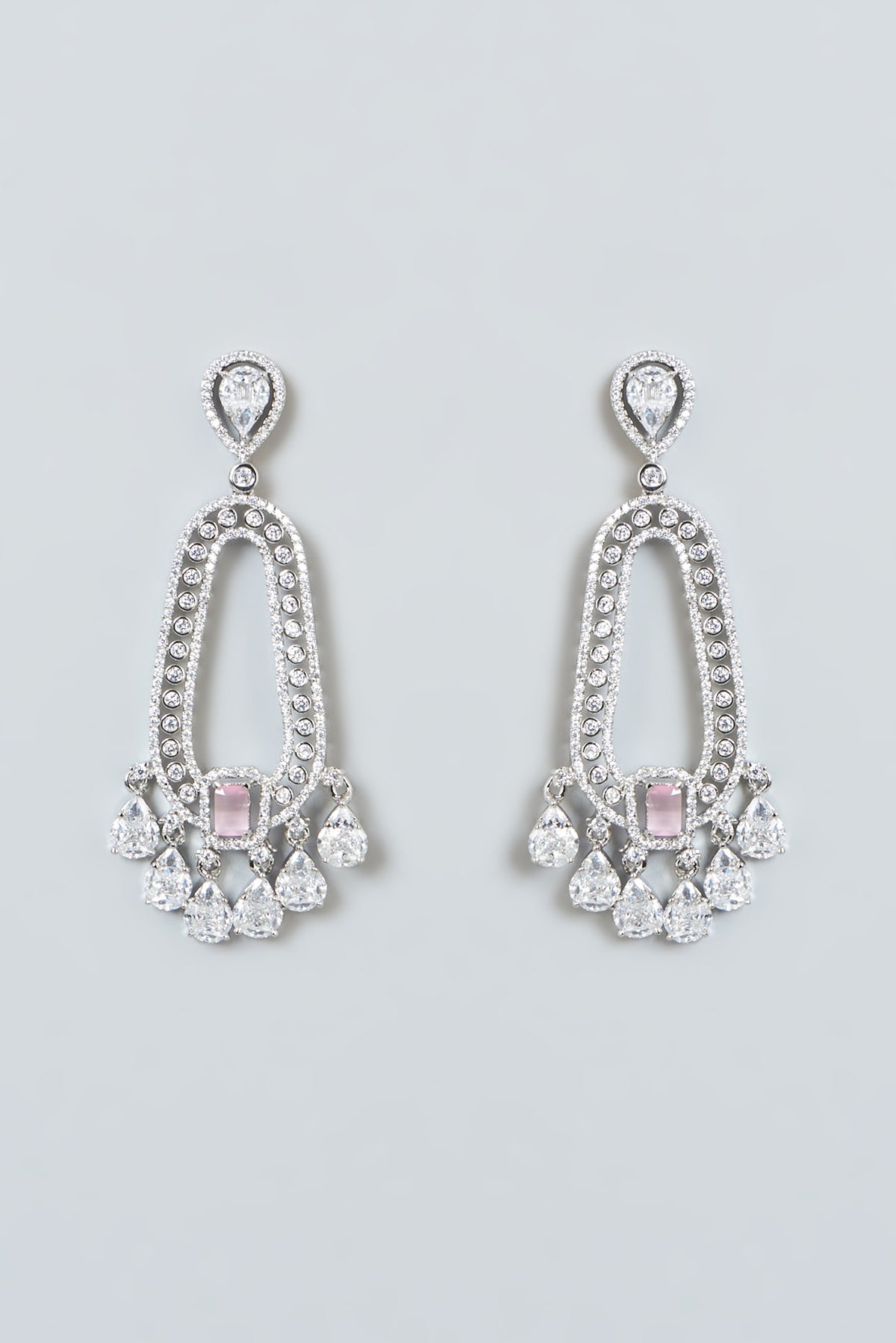 White Finish Zircon & Pink Stone Dangler Earrings