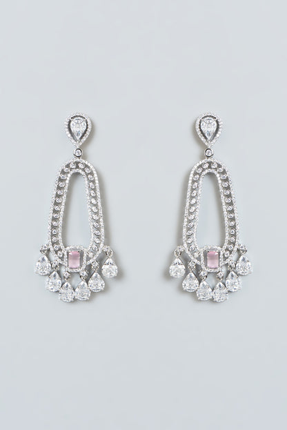 White Finish Zircon & Pink Stone Dangler Earrings