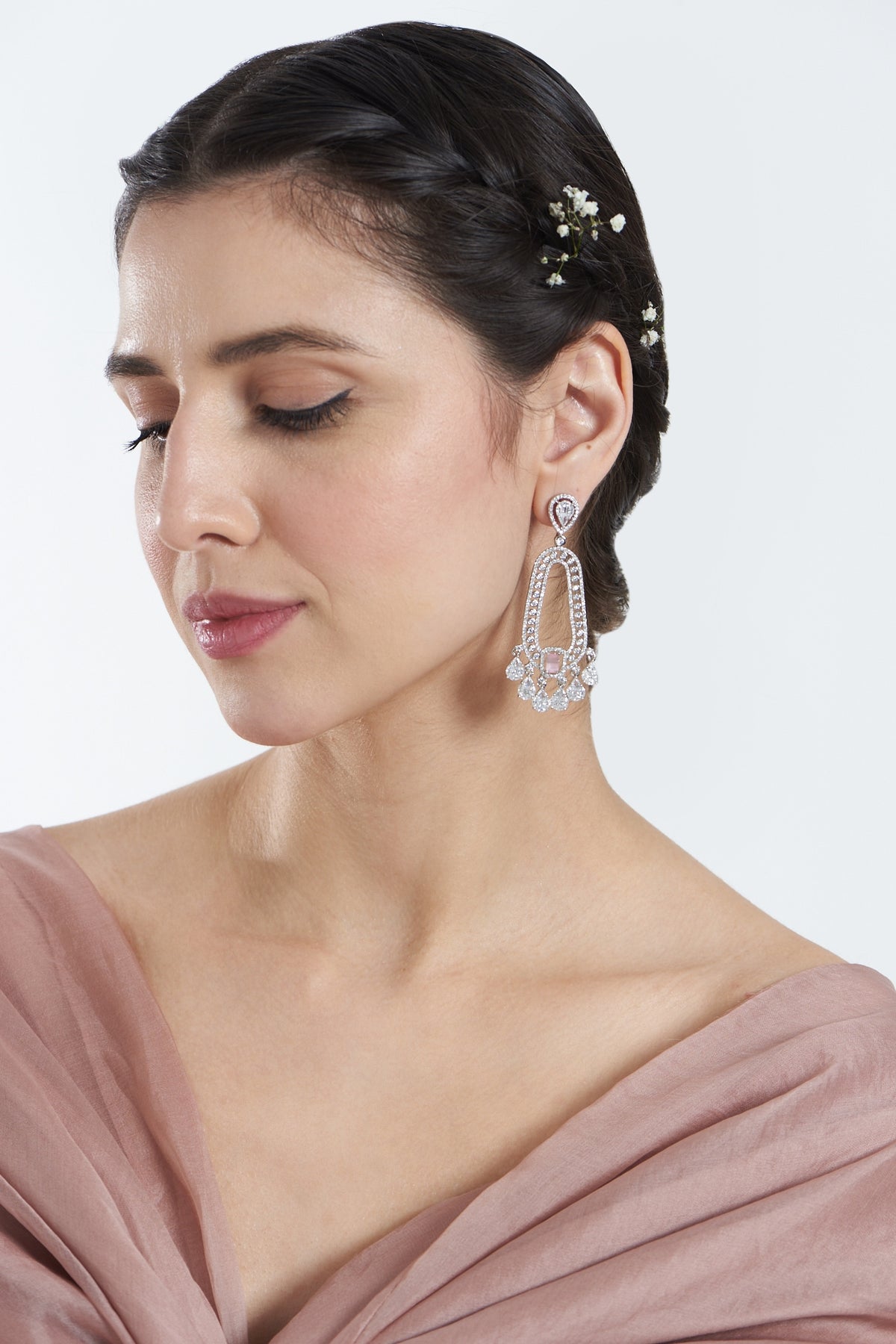 White Finish Zircon & Pink Stone Dangler Earrings