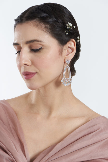 White Finish Zircon & Pink Stone Dangler Earrings