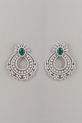White Finish Zircon & Green Stone Dangler Earrings