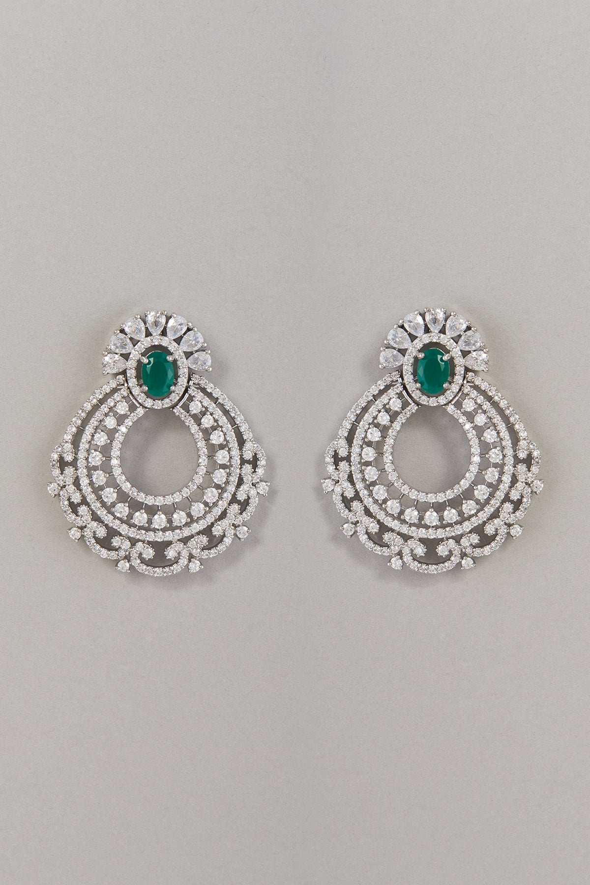 White Finish Zircon & Green Stone Dangler Earrings