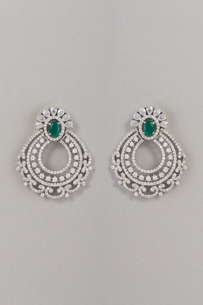 White Finish Zircon & Green Stone Dangler Earrings