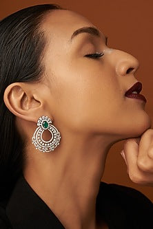 White Finish Zircon & Green Stone Dangler Earrings