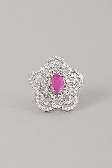 White Finish Zircon & Red Stone Ring