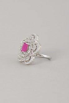 White Finish Zircon & Red Stone Ring