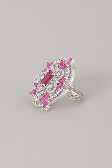 White Finish Zircon & Red Stone Ring