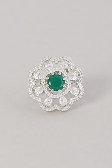 White Finish Zircon & Green Stone Ring