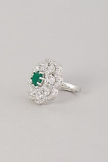 White Finish Zircon & Green Stone Ring