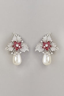 White Finish Red Stone & Pearl Dangler Earrings