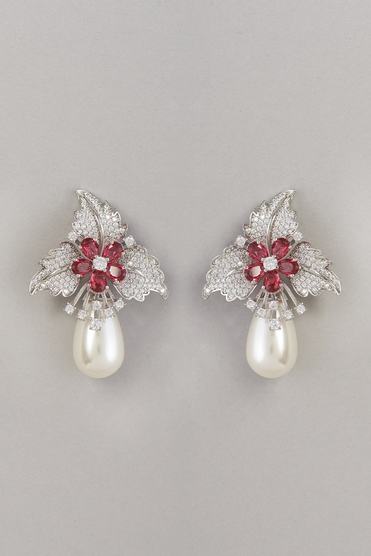 White Finish Red Stone & Pearl Dangler Earrings