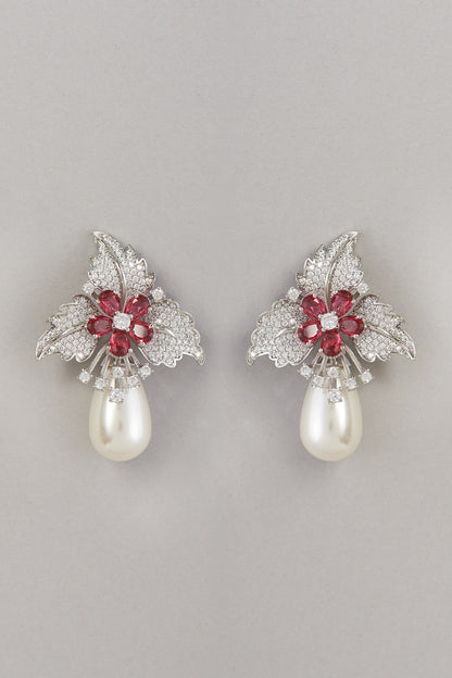 White Finish Red Stone & Pearl Dangler Earrings