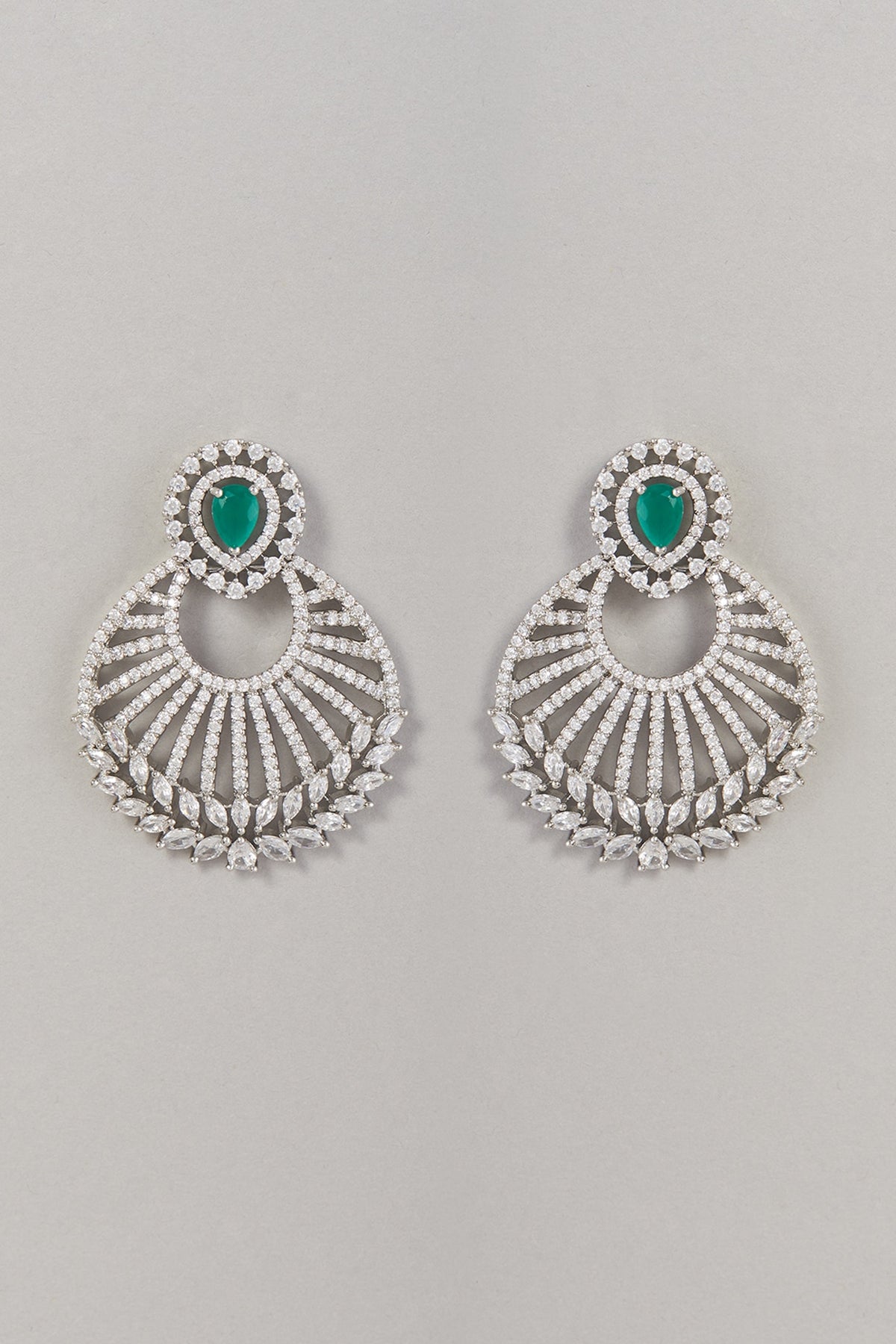 White Finish Zircon & Green Stone Dangler Earrings