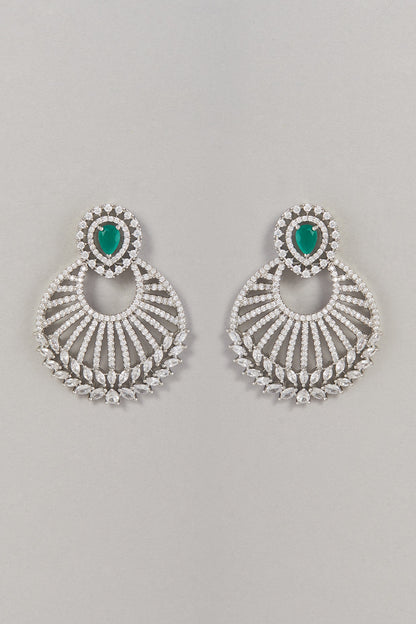White Finish Zircon & Green Stone Dangler Earrings