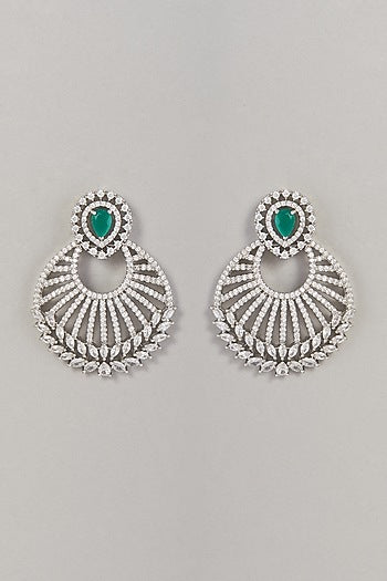 White Finish Zircon & Green Stone Dangler Earrings
