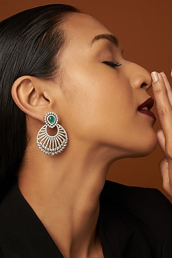 White Finish Zircon & Green Stone Dangler Earrings