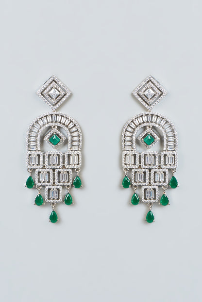 White Finish Zircon & Green Stone Dangler Earrings