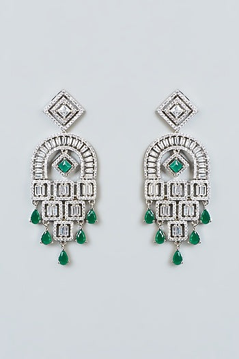 White Finish Zircon & Green Stone Dangler Earrings