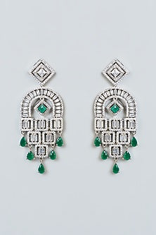 White Finish Zircon & Green Stone Dangler Earrings