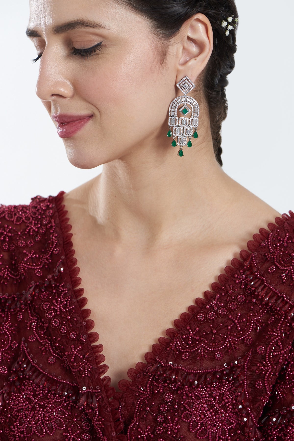 White Finish Zircon & Green Stone Dangler Earrings