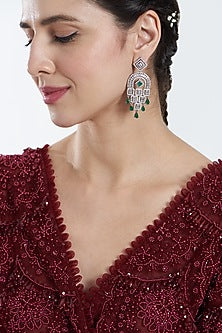 White Finish Zircon & Green Stone Dangler Earrings