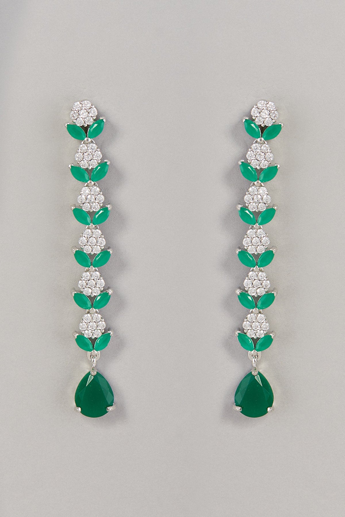 White Finish Zircon & Green Stone Dangler Earrings