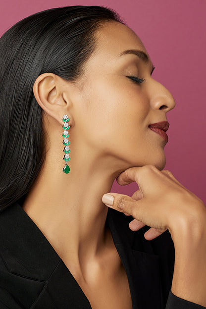 White Finish Zircon & Green Stone Dangler Earrings