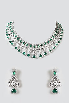 White Finish Zircon & Green Stone Choker Necklace Set