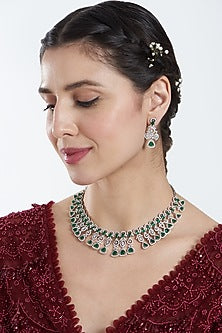 White Finish Zircon & Green Stone Choker Necklace Set