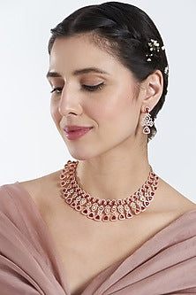 Rose Gold Finish Zircon & Red Stone Choker Necklace Set