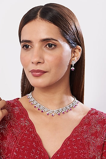 White Finish Zircon & Pink Stone Necklace Set