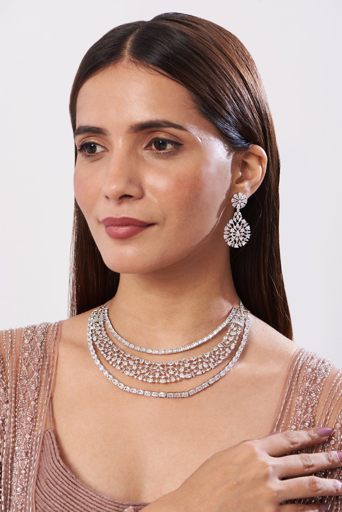 White Finish Zircon Layered Necklace Set