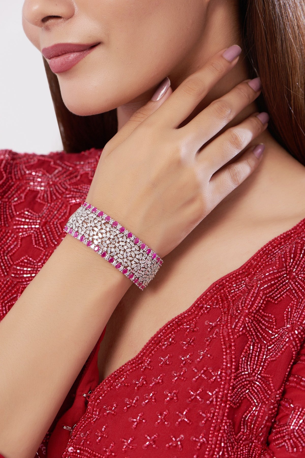 White Finish Zircon & Red Stone Bangle