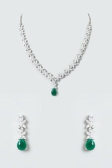 White Finish Zircon & Green Drop Necklace Set