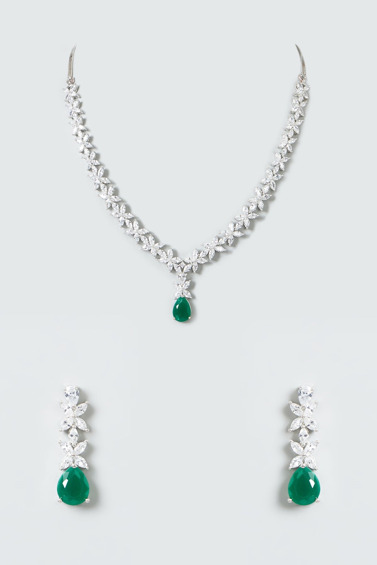 White Finish Zircon & Green Drop Necklace Set