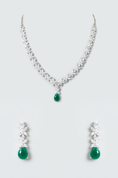 White Finish Zircon & Green Drop Necklace Set