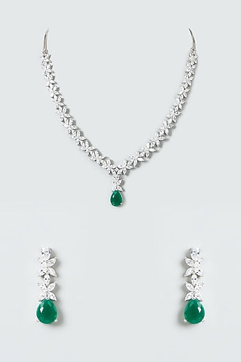 White Finish Zircon & Green Drop Necklace Set