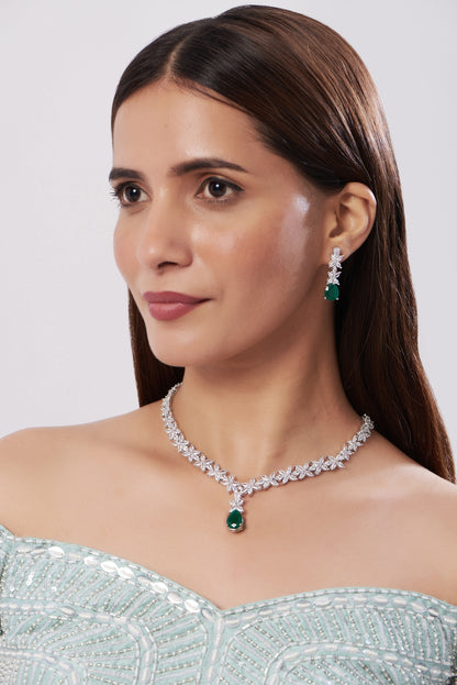 White Finish Zircon & Green Drop Necklace Set
