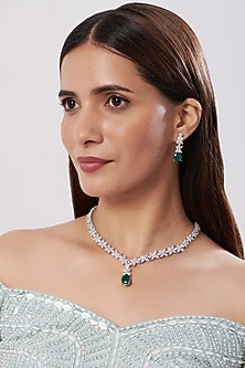 White Finish Zircon & Green Drop Necklace Set