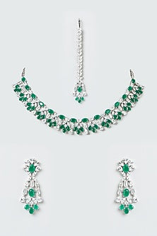 White Finish Zircon & Green Stone Choker Necklace Set