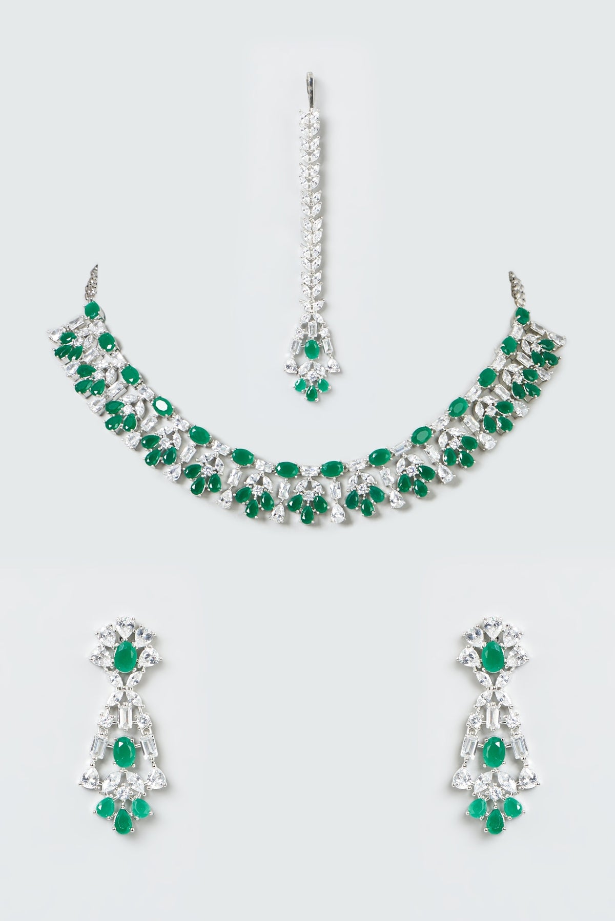 White Finish Zircon & Green Stone Choker Necklace Set