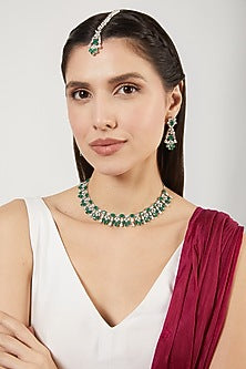 White Finish Zircon & Green Stone Choker Necklace Set