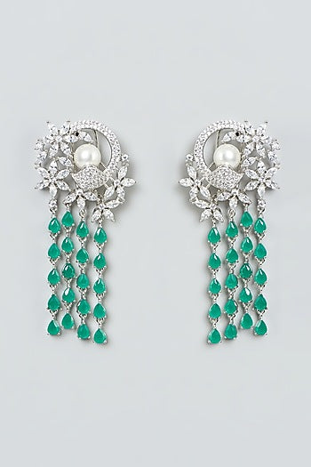 White Finish Zircon & Green Stone Dangler Earrings