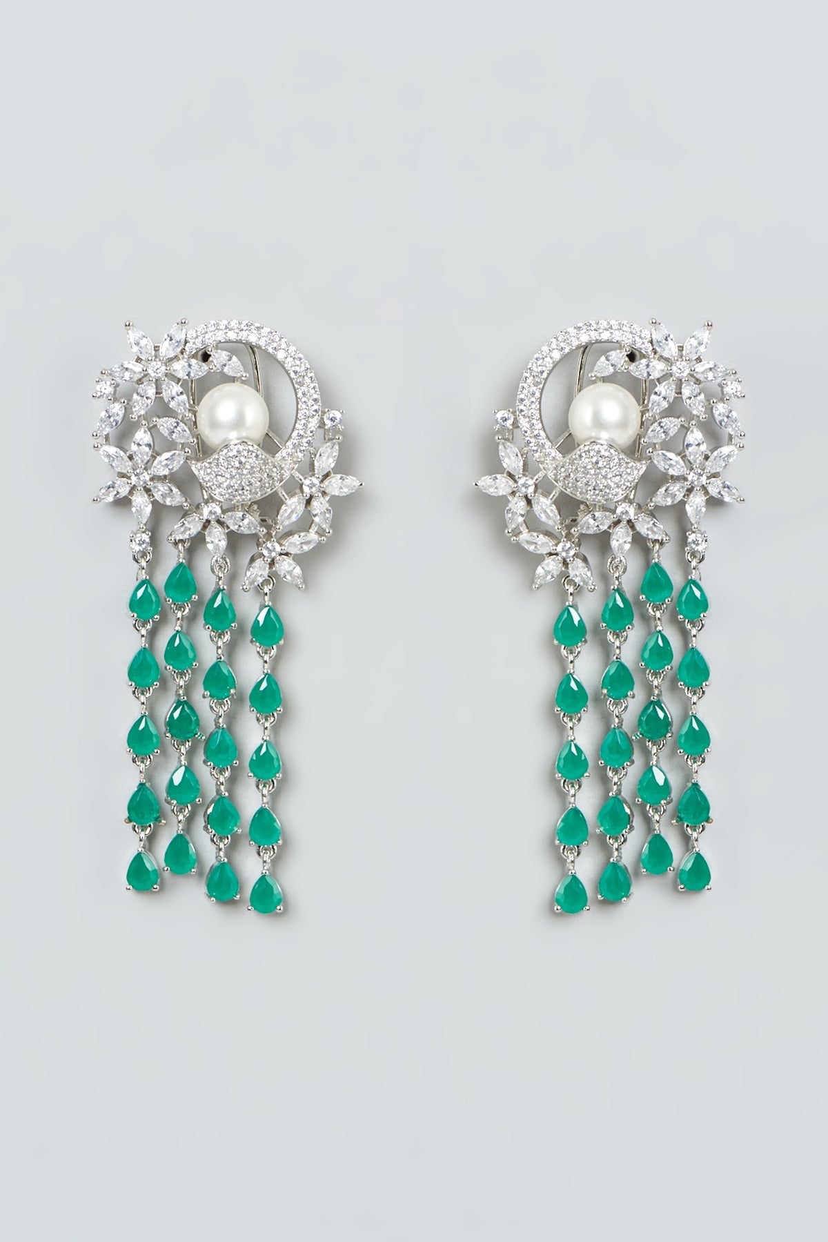 White Finish Zircon & Green Stone Dangler Earrings