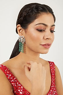 White Finish Zircon & Green Stone Dangler Earrings