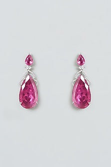 White Finish Zircon & Red Stone Dangler Earrings