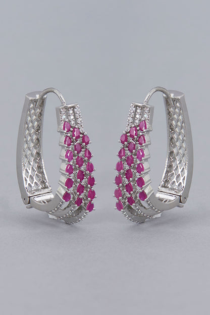 White Finish Zircon & Ruby Synthetic Stone Hoop Earrings